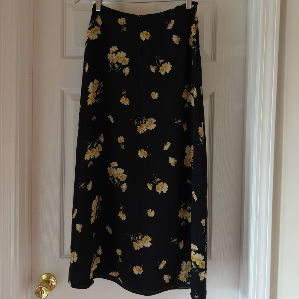 Ellen Tracy Black Maxi Skirt with Yellow Floral Design